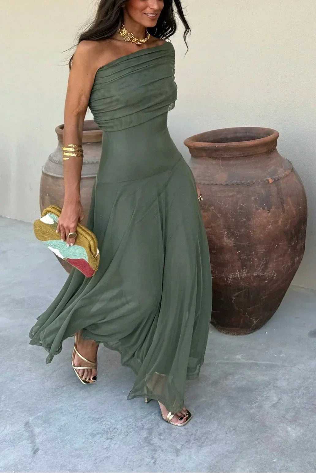 Abito Cerimonia Donna Lungo Monospalla Drappeggiato - Vestito Maxi Elegante