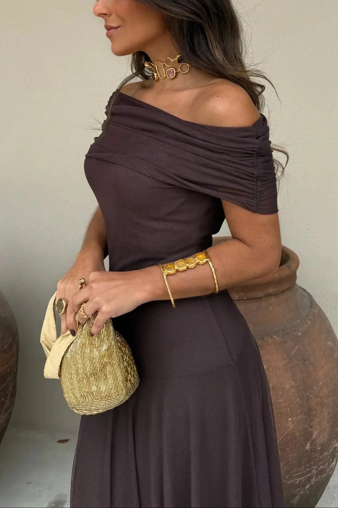 Abito Cerimonia Donna Lungo Monospalla Drappeggiato - Vestito Maxi Elegante