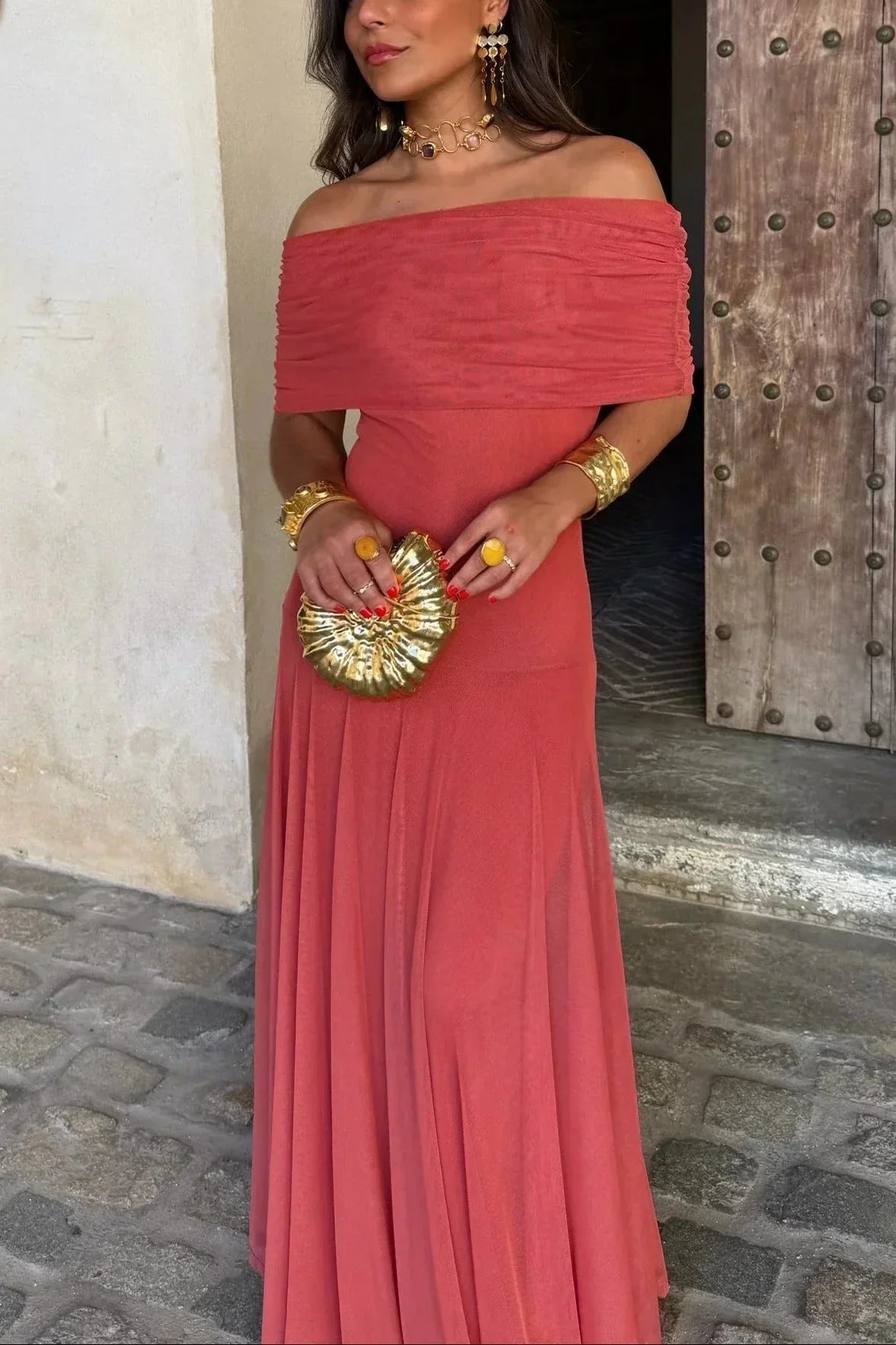 Abito Cerimonia Donna Lungo Monospalla Drappeggiato - Vestito Maxi Elegante