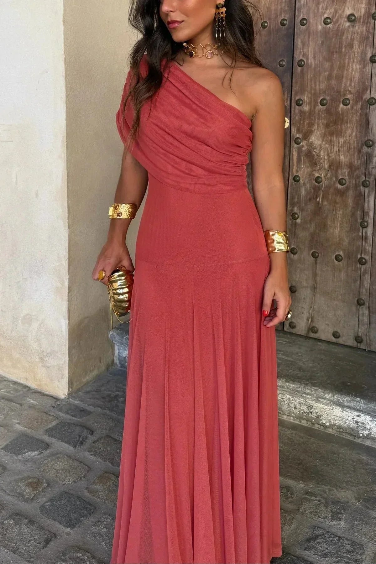 Abito Cerimonia Donna Lungo Monospalla Drappeggiato - Vestito Maxi Elegante