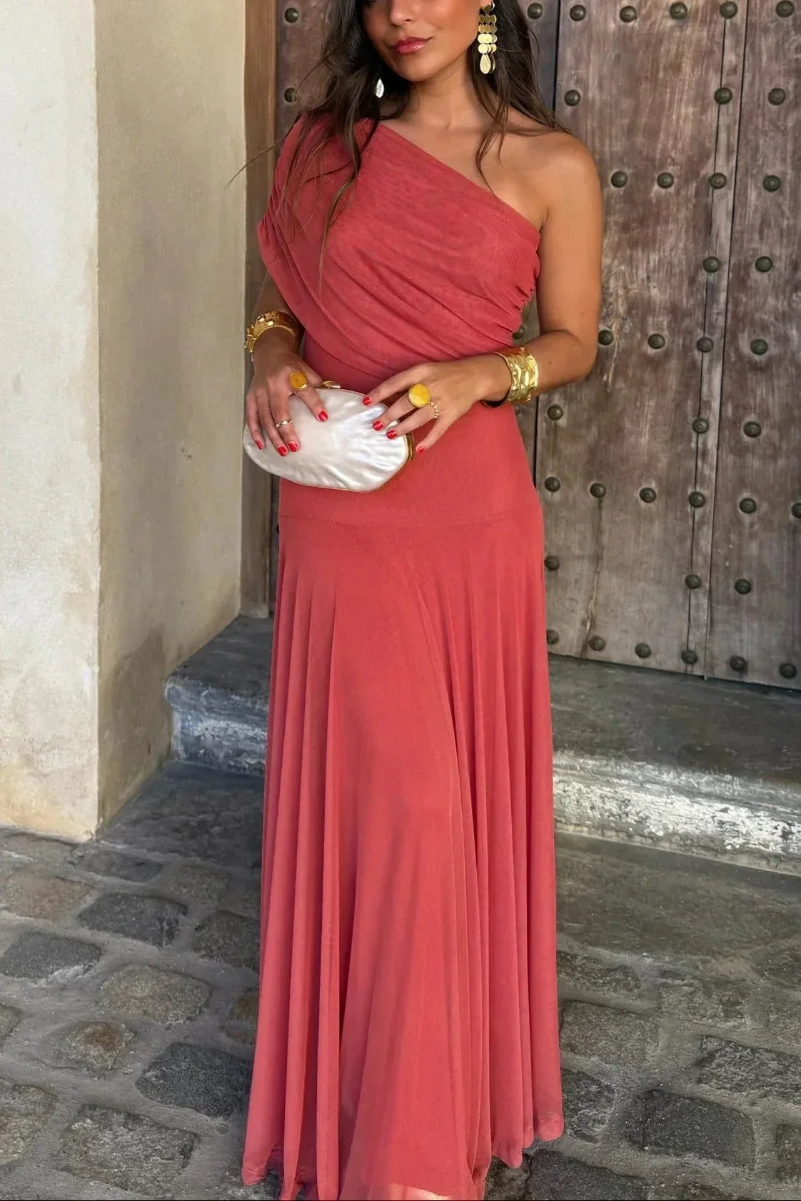 Abito Cerimonia Donna Lungo Monospalla Drappeggiato - Vestito Maxi Elegante