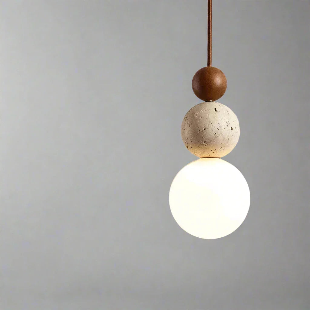 Lampada a Sospensione Sferica Minimalista in Vetro, Pietra e Legno