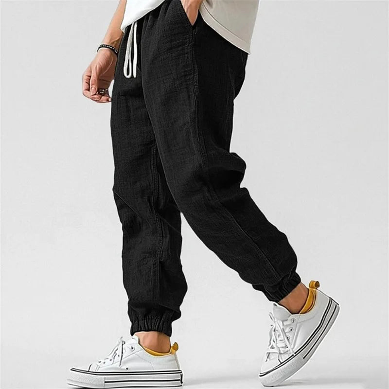 Pantaloni Jogger in Misto Lino con Coulisse e Polsini a Caviglia