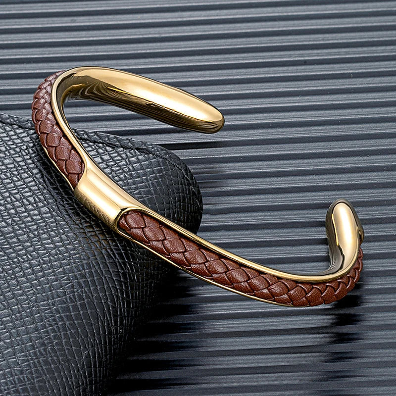 Bracciale Uomo a Polsino in Pelle e Acciaio Inossidabile