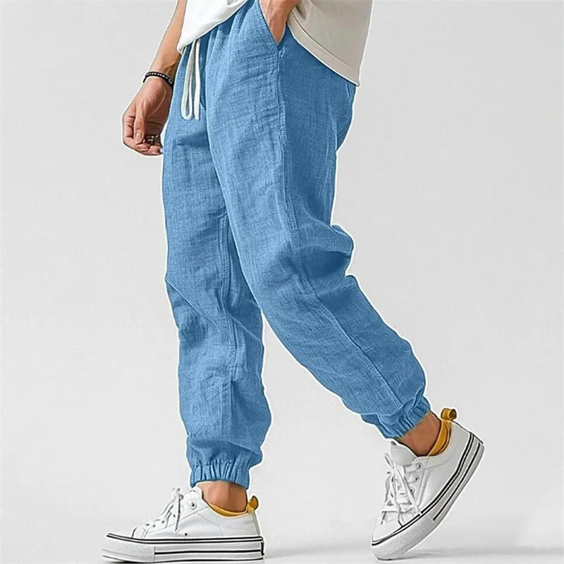 Pantaloni Jogger in Misto Lino con Coulisse e Polsini a Caviglia