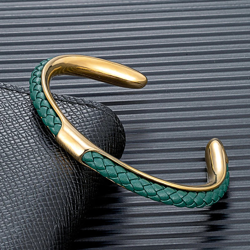 Bracciale Uomo a Polsino in Pelle e Acciaio Inossidabile