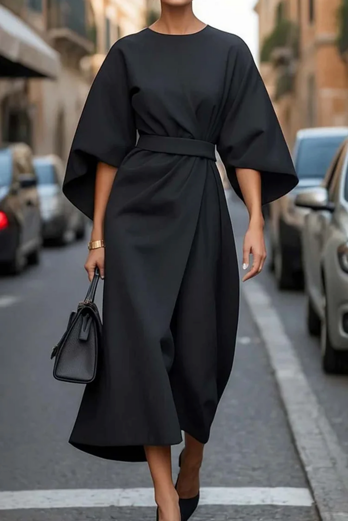 Vestito Donna Elegante con Maniche a Lanterna e Cintura