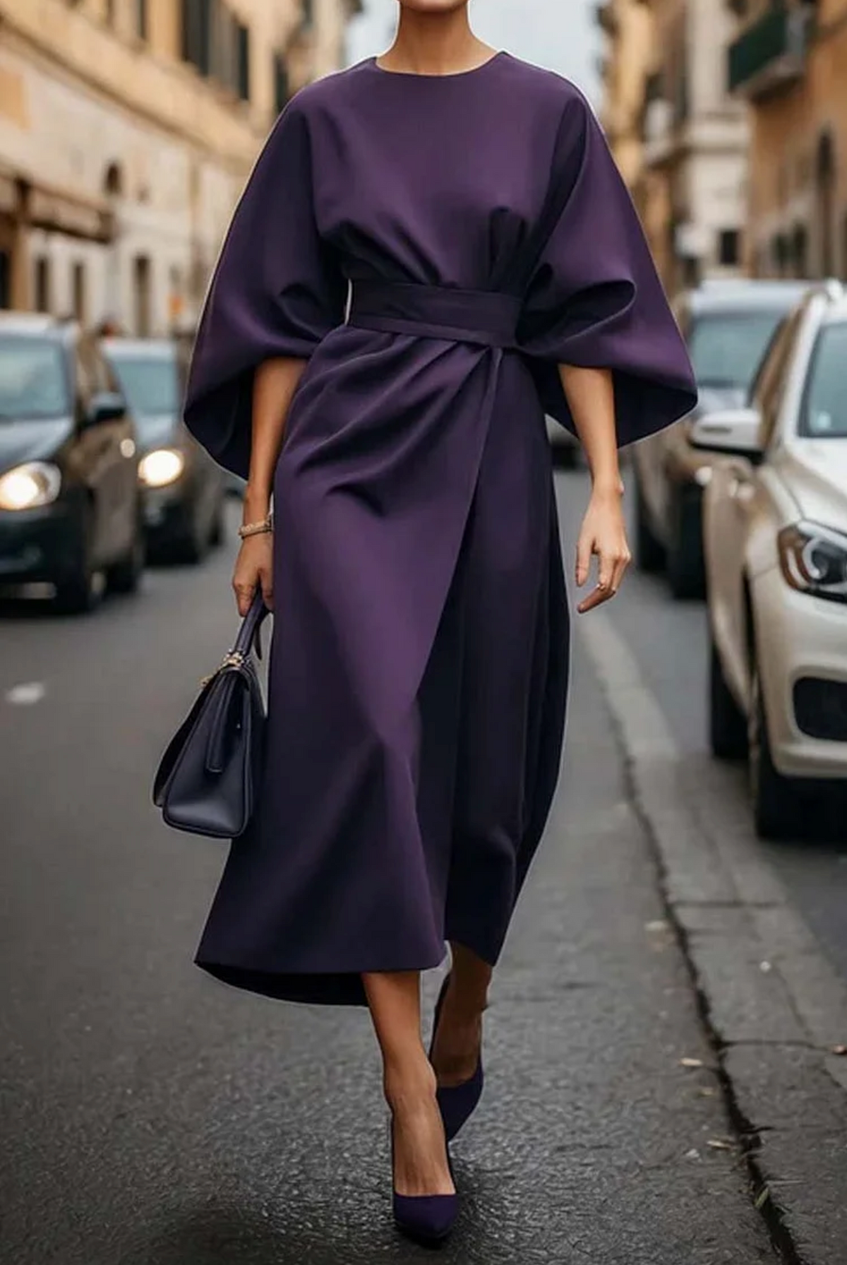 Vestito Donna Elegante con Maniche a Lanterna e Cintura