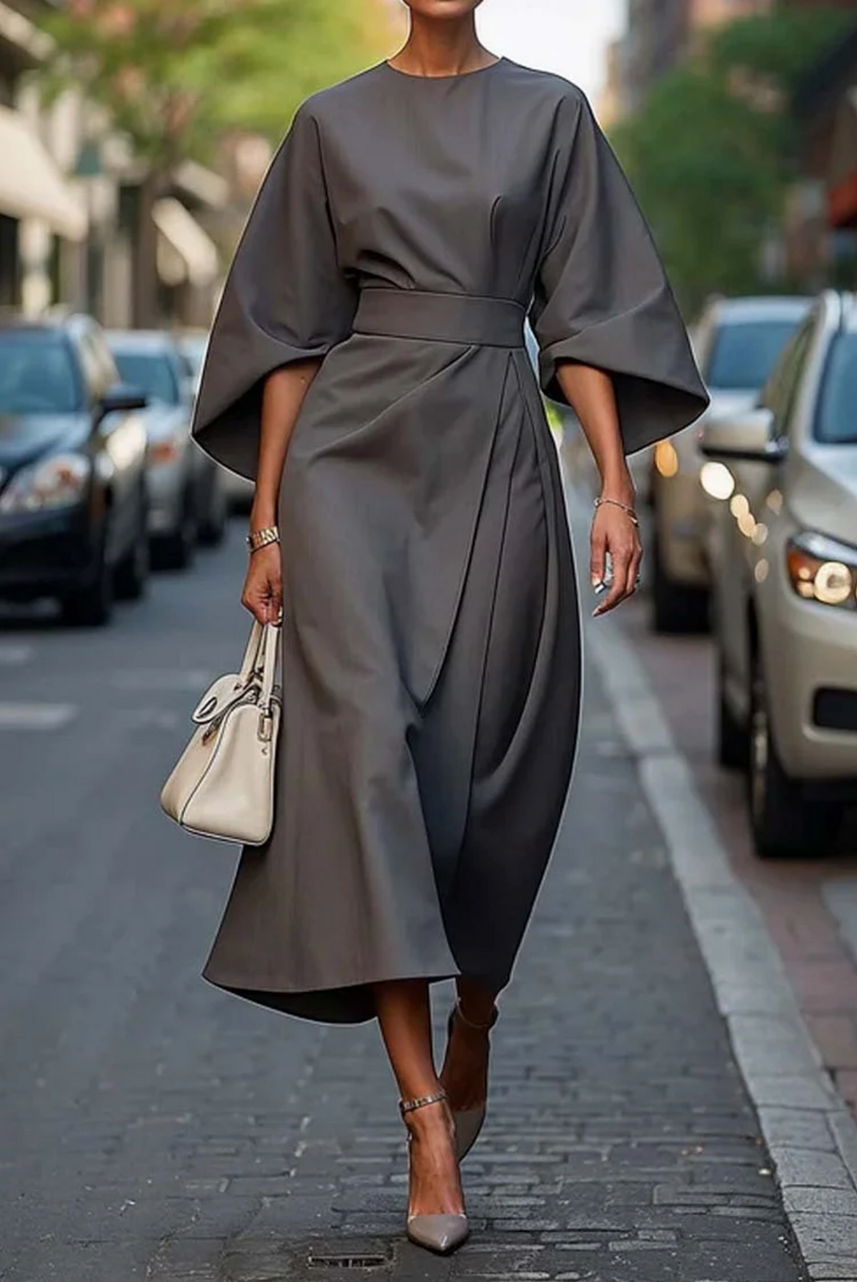 Vestito Donna Elegante con Maniche a Lanterna e Cintura