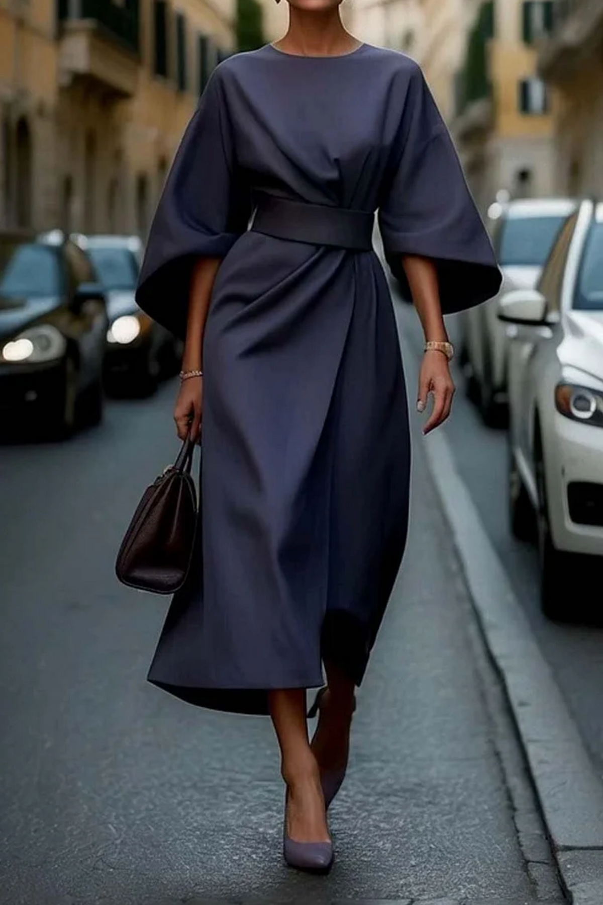 Vestito Donna Elegante con Maniche a Lanterna e Cintura
