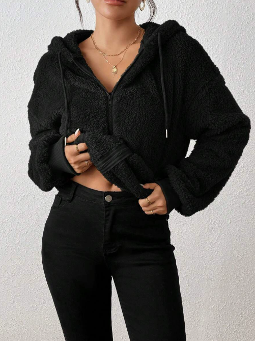 Cardigan Donna in Pile Morbido con Cappuccio e Zip