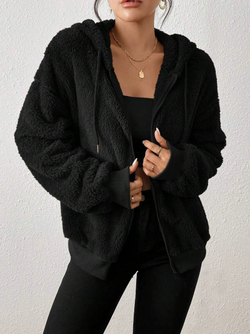 Cardigan Donna in Pile Morbido con Cappuccio e Zip