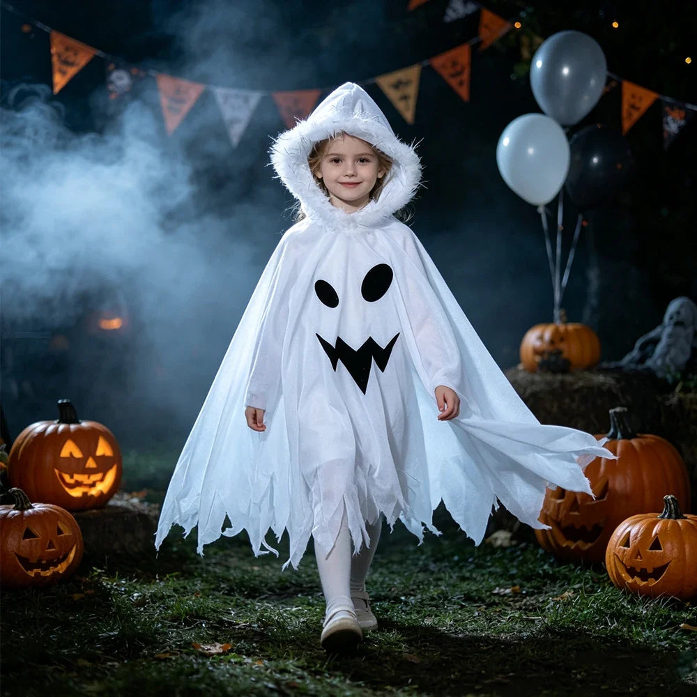Girl wearing white ghost cape costume with hood, Halloween lifestyle scene