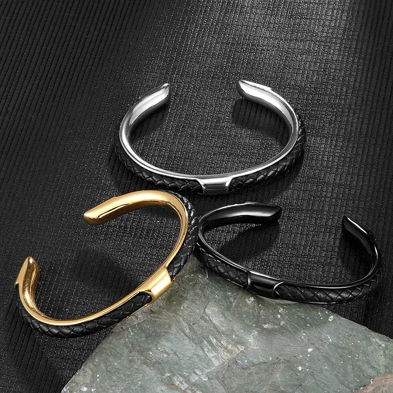 Bracciale Uomo a Polsino in Pelle e Acciaio Inossidabile