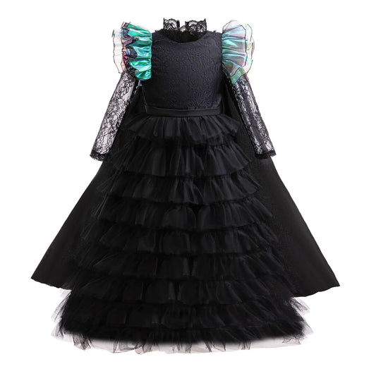 Girls emerald witch costume dress only, black lace ball gown