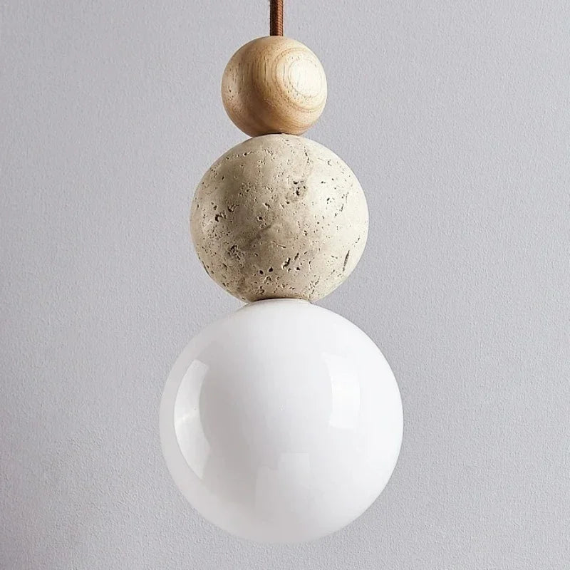 Lampada a Sospensione Sferica Minimalista in Vetro, Pietra e Legno