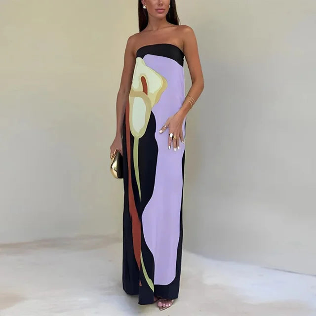Abito Donna Maxi Senza Spalline Stampa Color Block