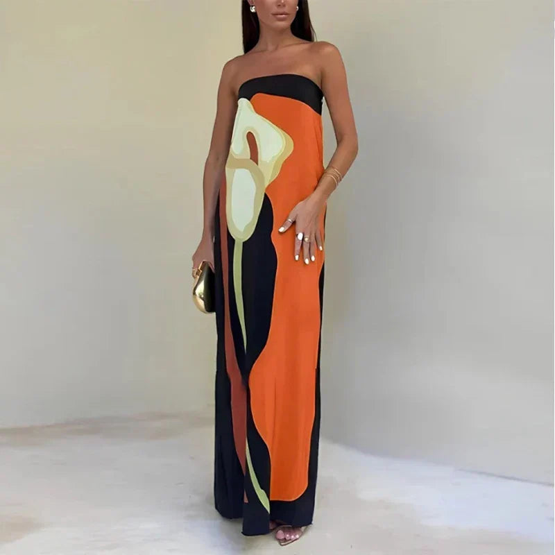 Abito Donna Maxi Senza Spalline Stampa Color Block