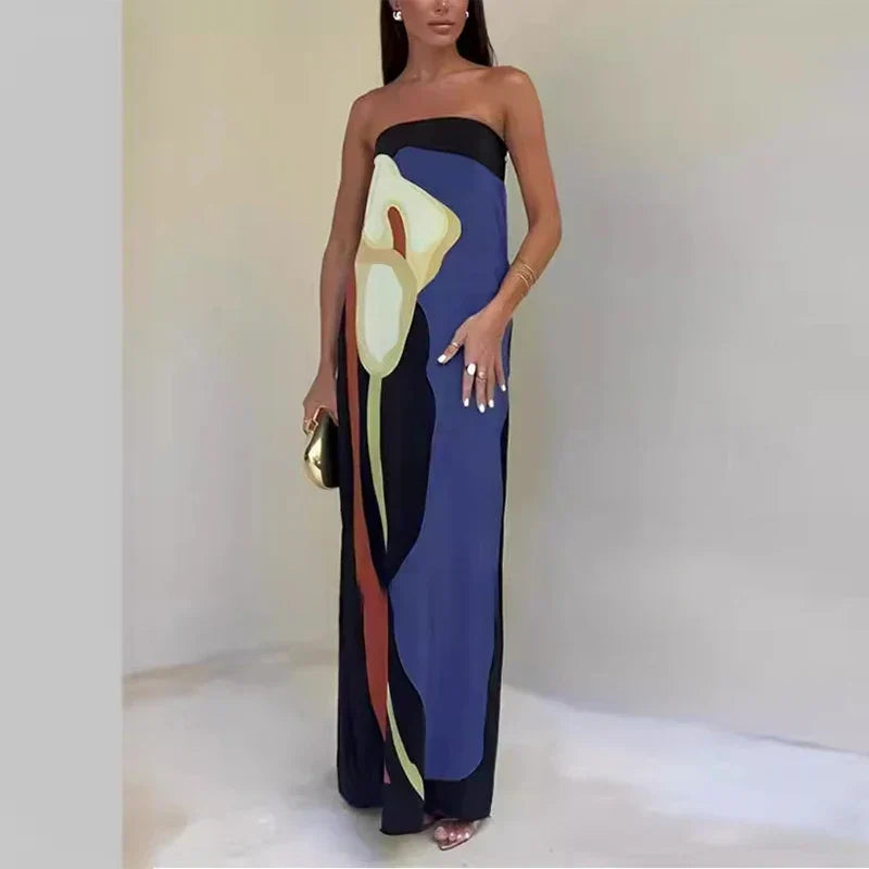 Abito Donna Maxi Senza Spalline Stampa Color Block