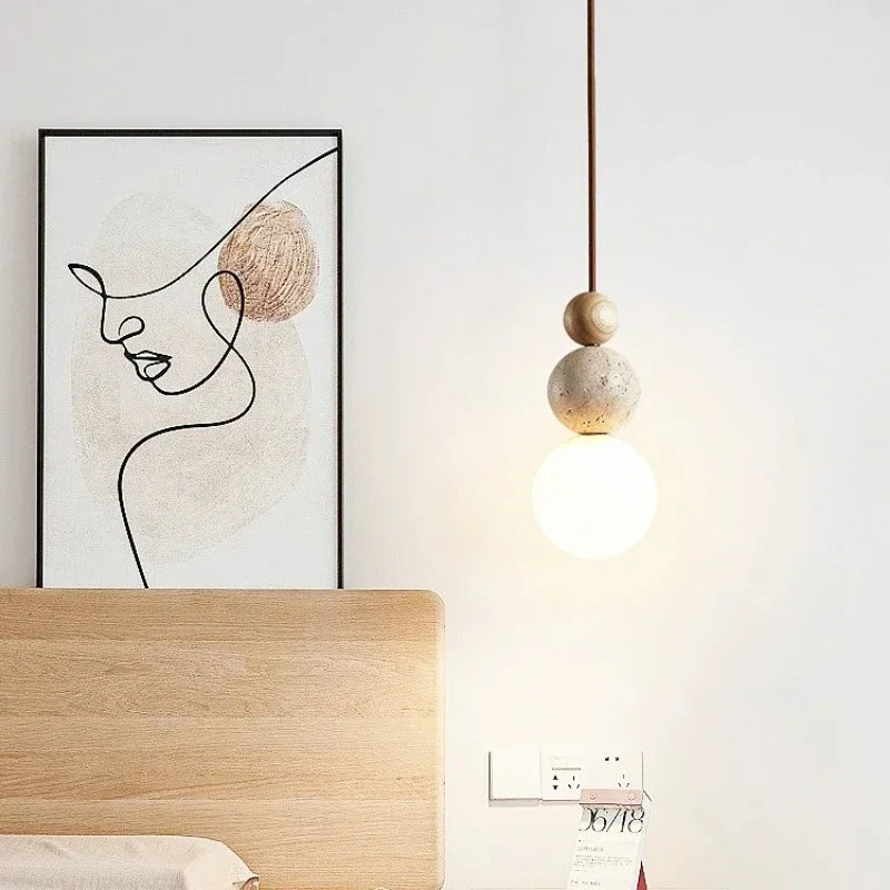 Lampada a Sospensione Sferica Minimalista in Vetro, Pietra e Legno