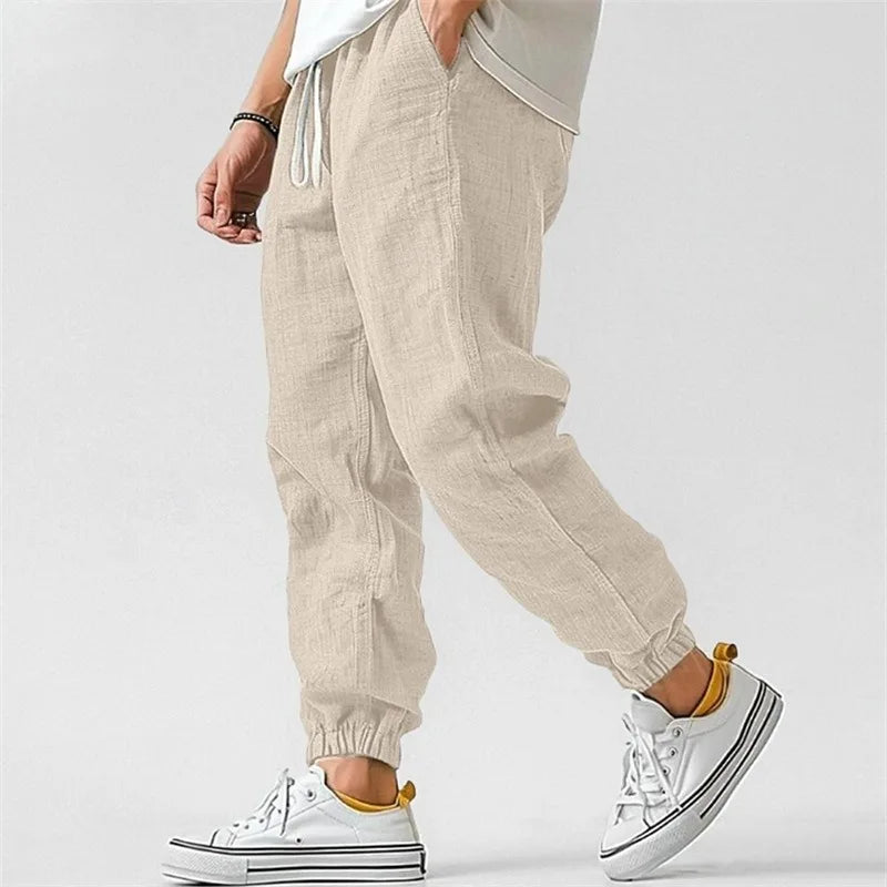 Pantaloni Jogger in Misto Lino con Coulisse e Polsini a Caviglia
