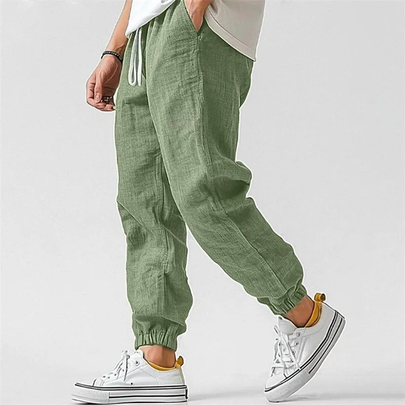 Pantaloni Jogger in Misto Lino con Coulisse e Polsini a Caviglia