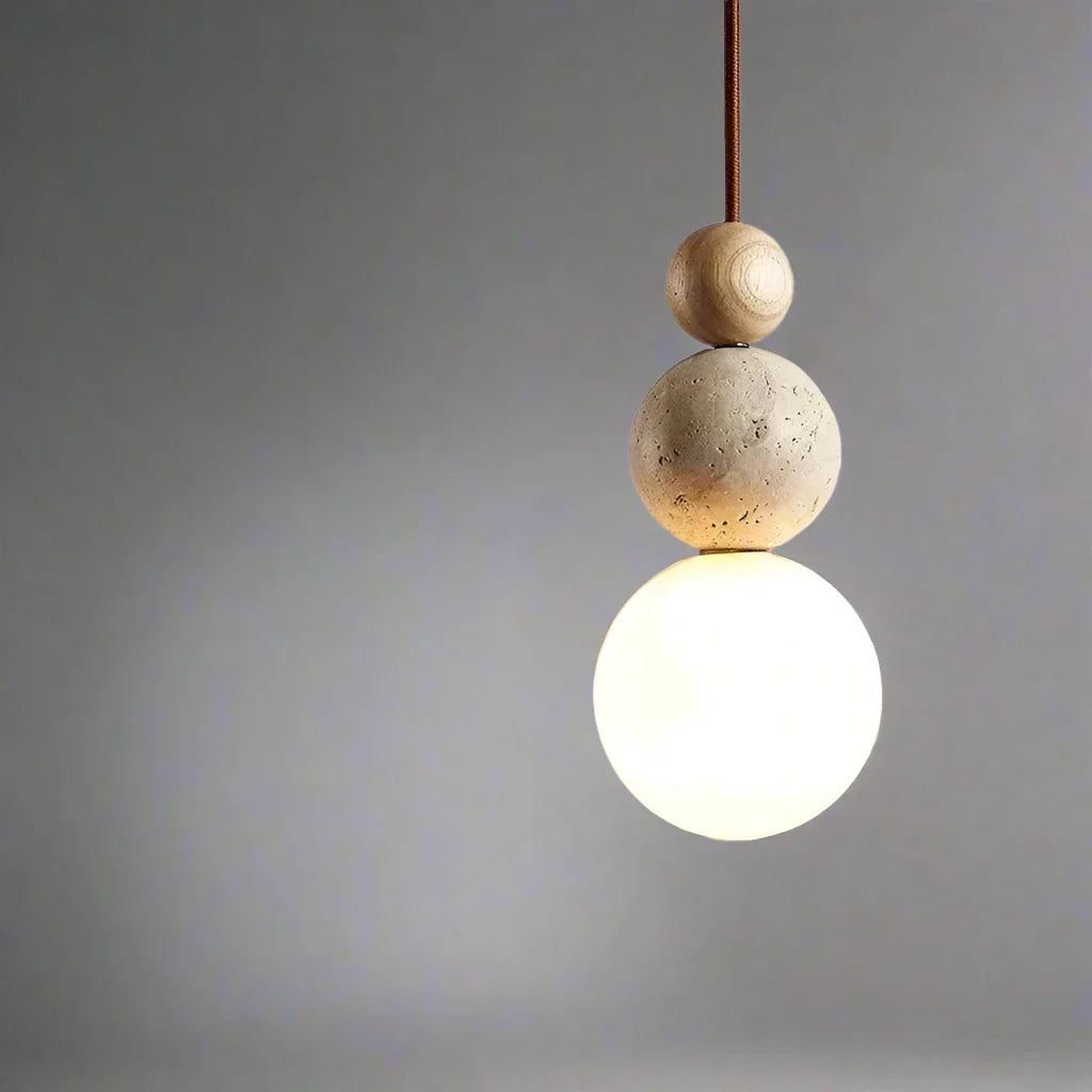 Lampada a Sospensione Sferica Minimalista in Vetro, Pietra e Legno