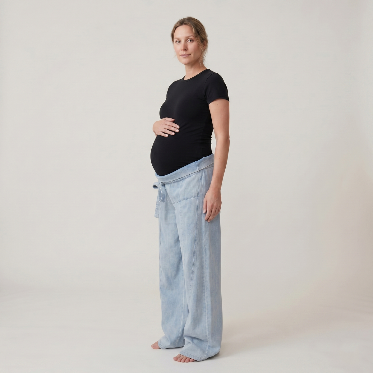 Jeans Premaman Donna a Gamba Larga in Denim di Cotone con Vita Regolabile