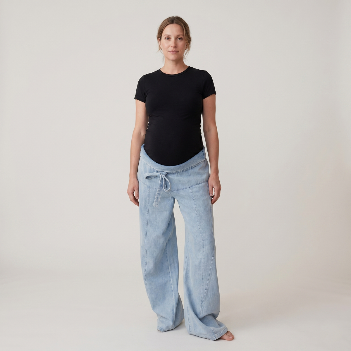 Jeans Premaman Donna a Gamba Larga in Denim di Cotone con Vita Regolabile