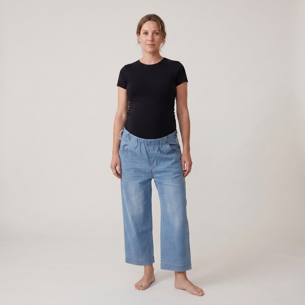 Jeans Premaman Donna a Gamba Larga in Denim di Cotone con Vita Regolabile