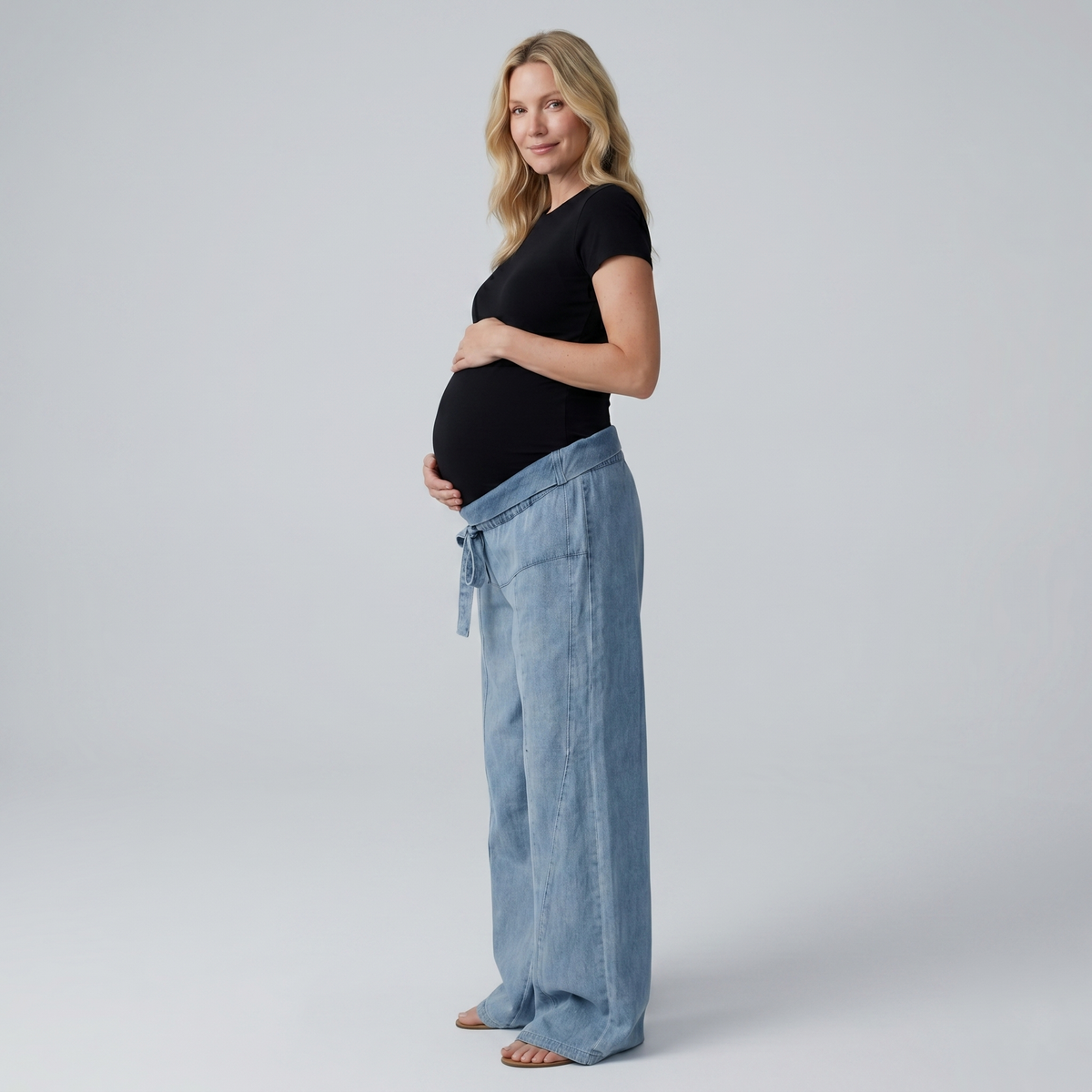 Jeans Premaman Donna a Gamba Larga in Denim di Cotone con Vita Regolabile