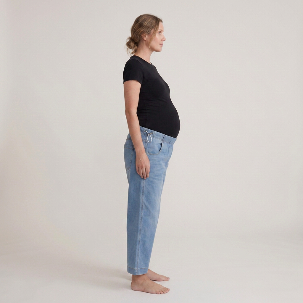 Jeans Premaman Donna a Gamba Larga in Denim di Cotone con Vita Regolabile