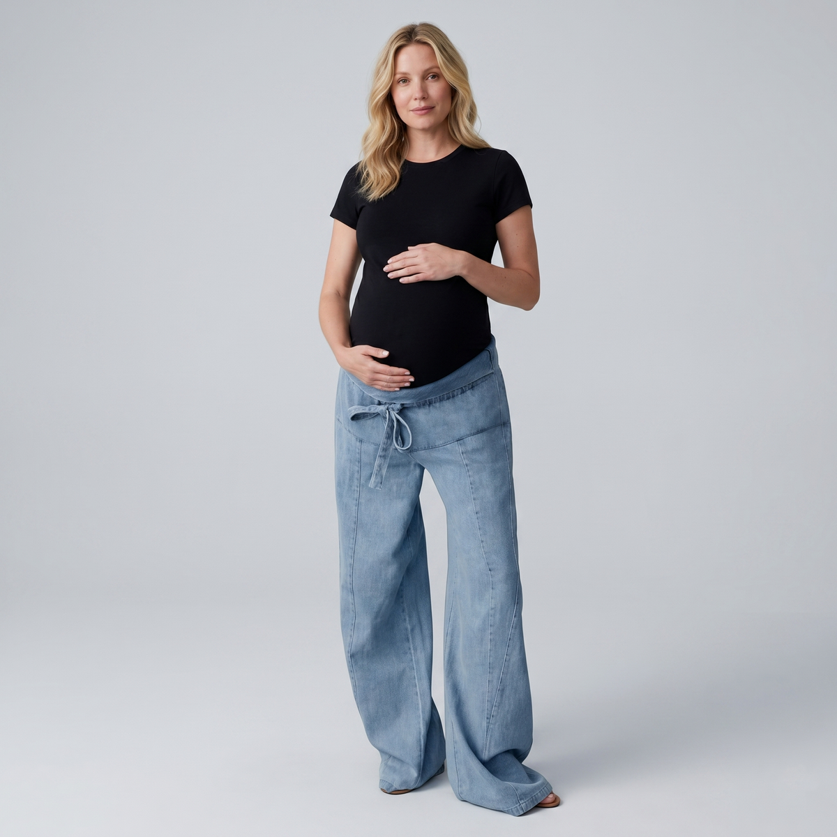 Jeans Premaman Donna a Gamba Larga in Denim di Cotone con Vita Regolabile