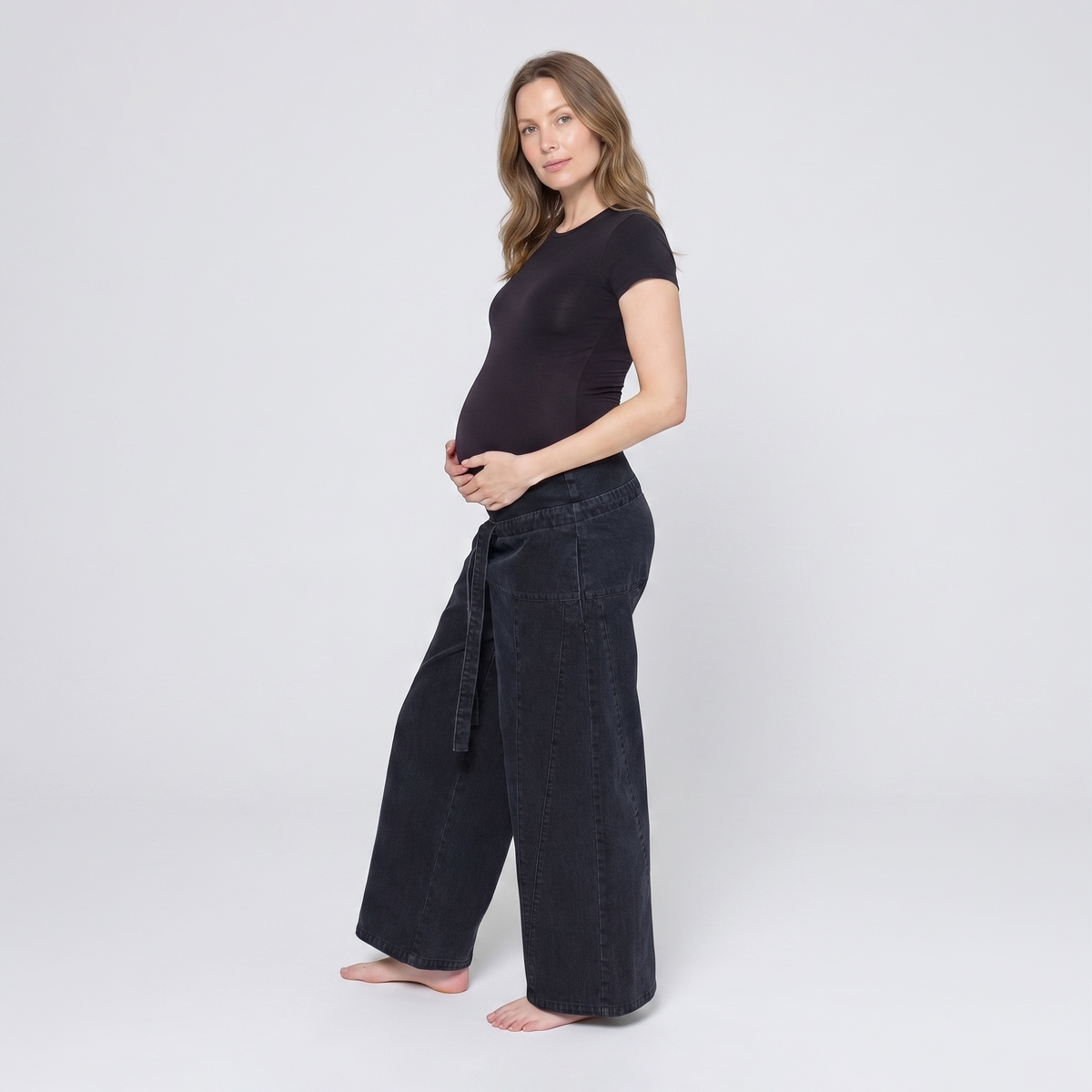 Jeans Premaman Donna a Gamba Larga in Denim di Cotone con Vita Regolabile