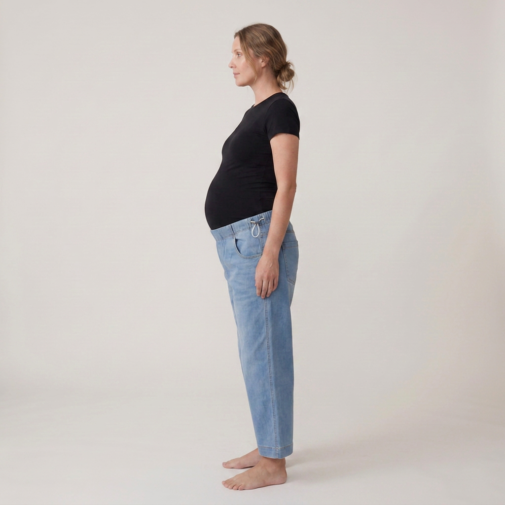 Jeans Premaman Donna a Gamba Larga in Denim di Cotone con Vita Regolabile
