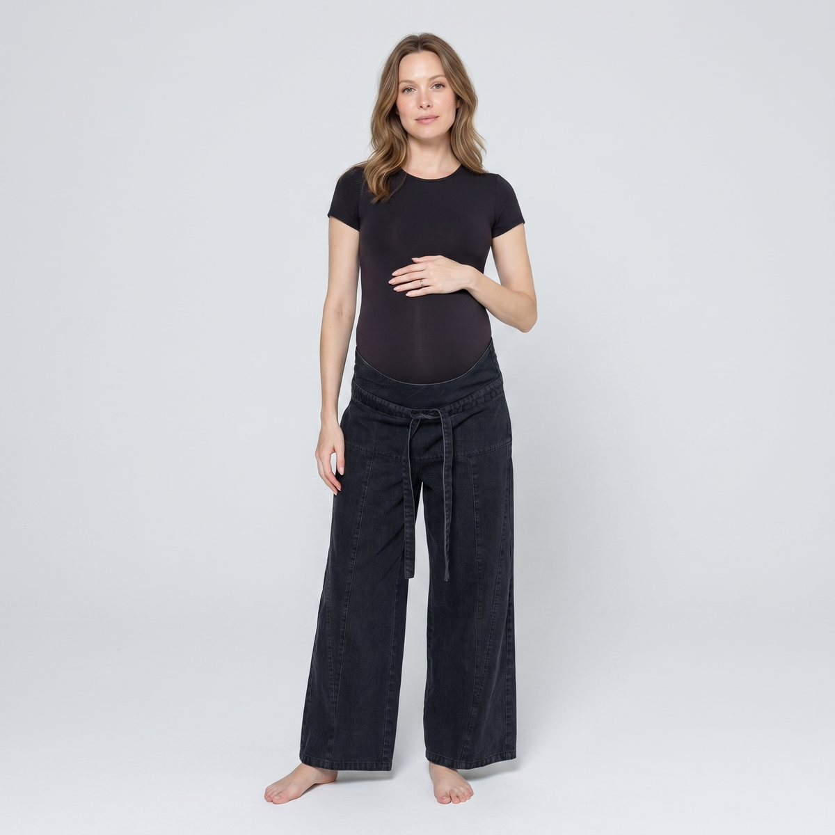 Jeans Premaman Donna a Gamba Larga in Denim di Cotone con Vita Regolabile