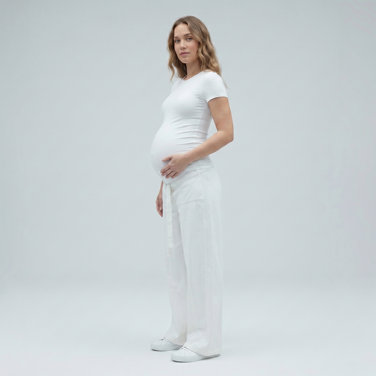 Jeans Premaman Donna a Gamba Larga in Denim di Cotone con Vita Regolabile