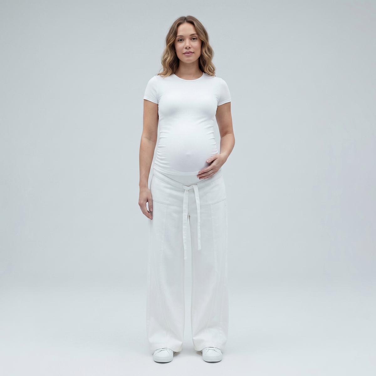 Jeans Premaman Donna a Gamba Larga in Denim di Cotone con Vita Regolabile