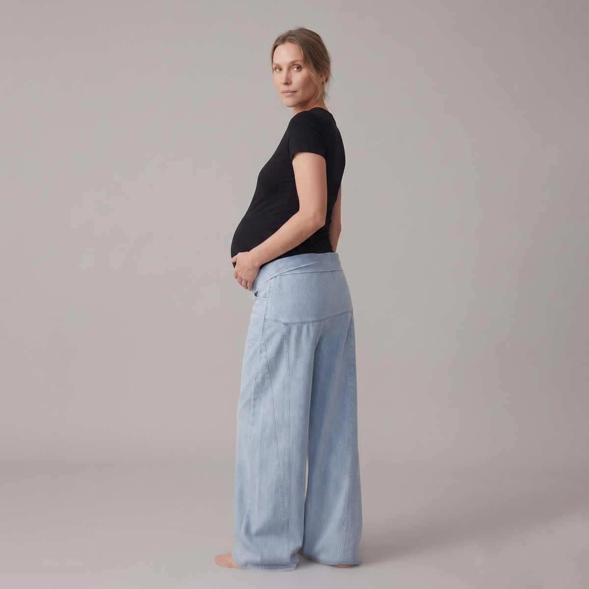 Jeans Premaman Donna a Gamba Larga in Denim di Cotone con Vita Regolabile