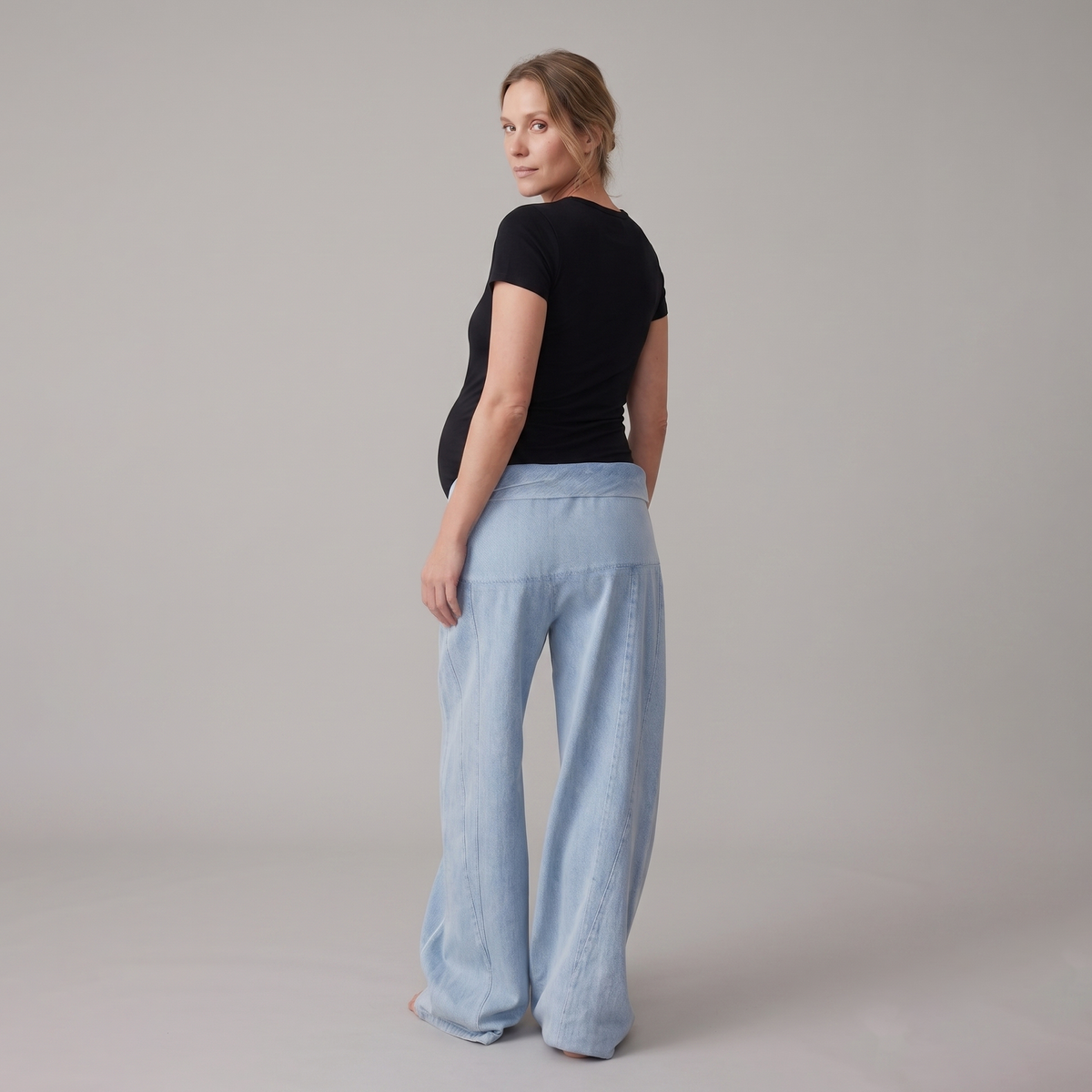 Jeans Premaman Donna a Gamba Larga in Denim di Cotone con Vita Regolabile