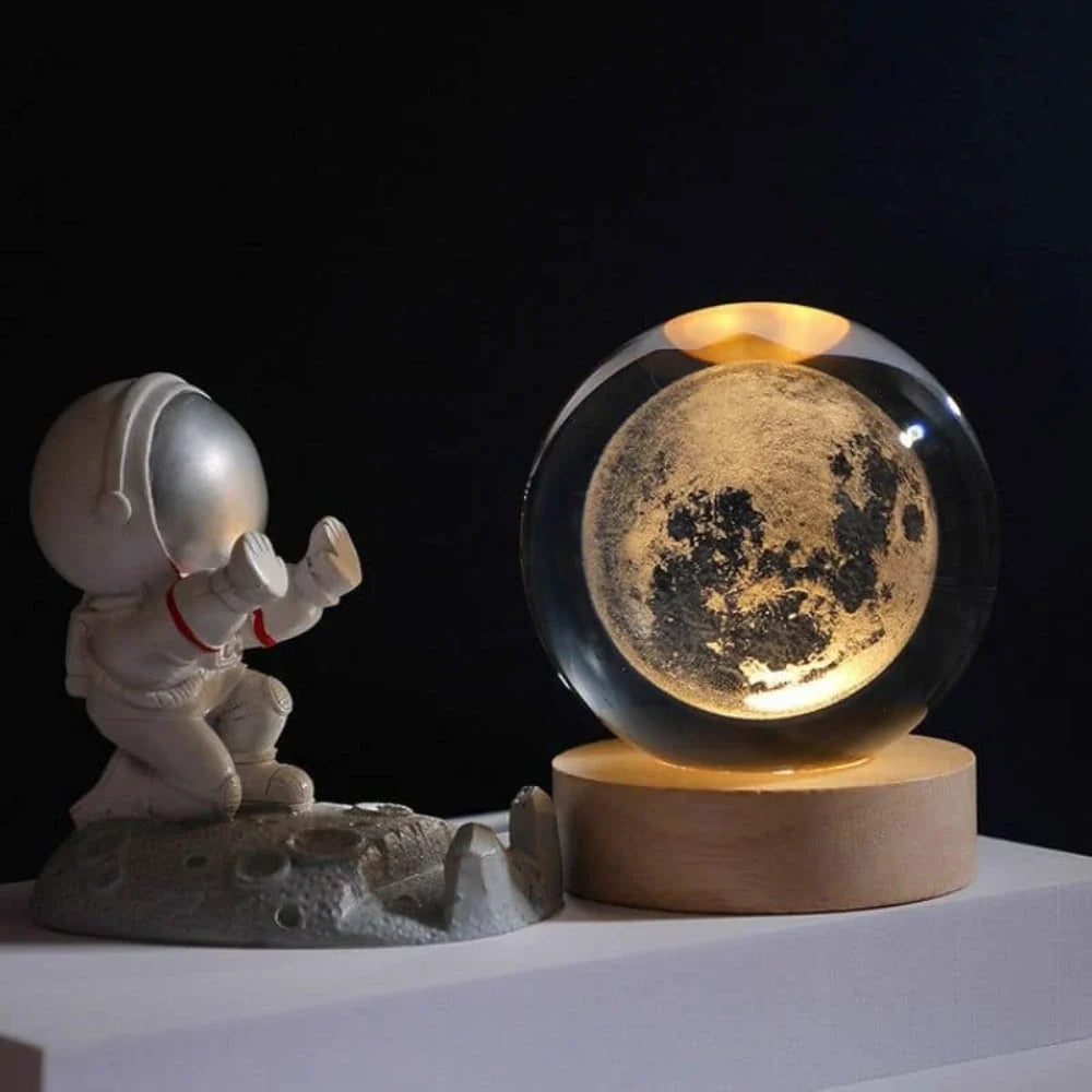 Sfera di Cristallo Luminosa 3D con Base LED in Legno - Lampada da Notte USB