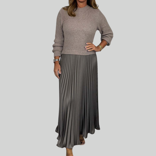 Vestito Donna Midi a Maglia con Gonna Plissettata