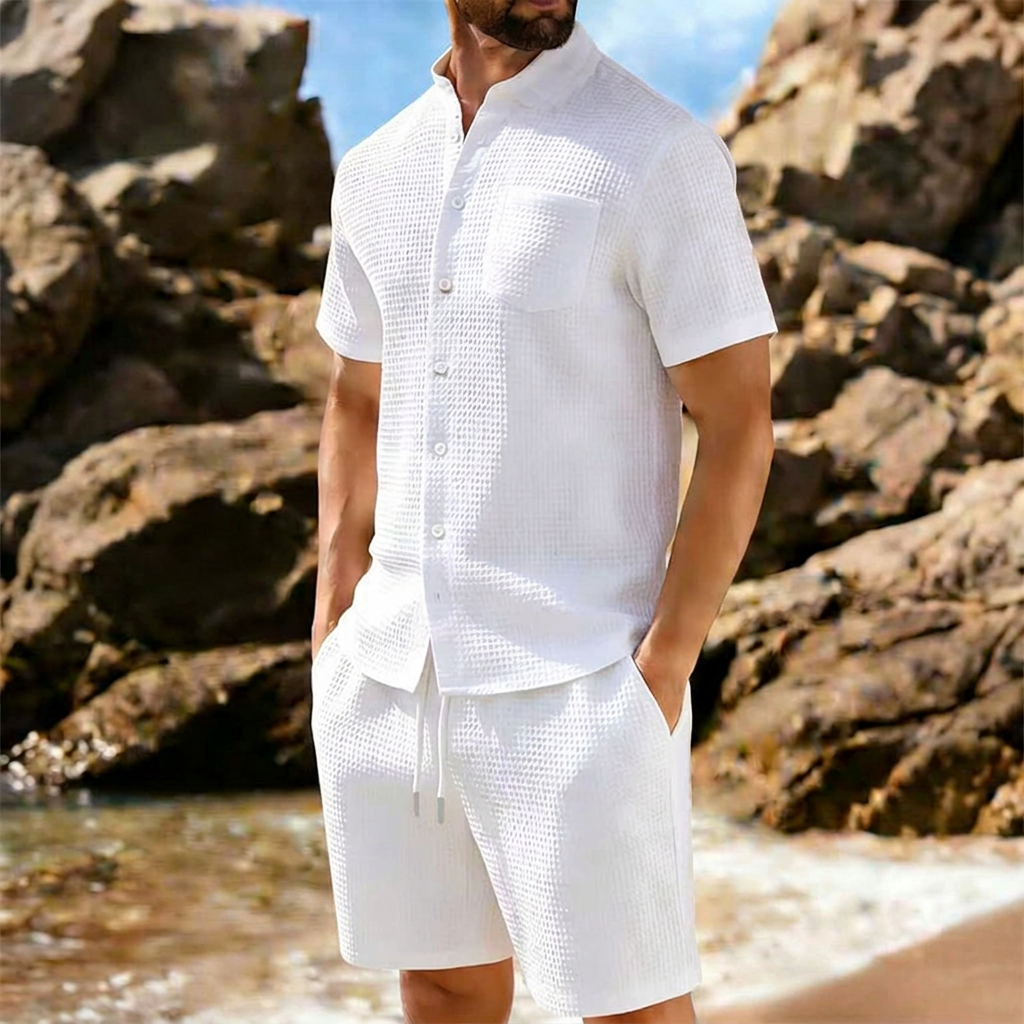 Completo Camicia e Shorts in Maglina a Trama Strutturata