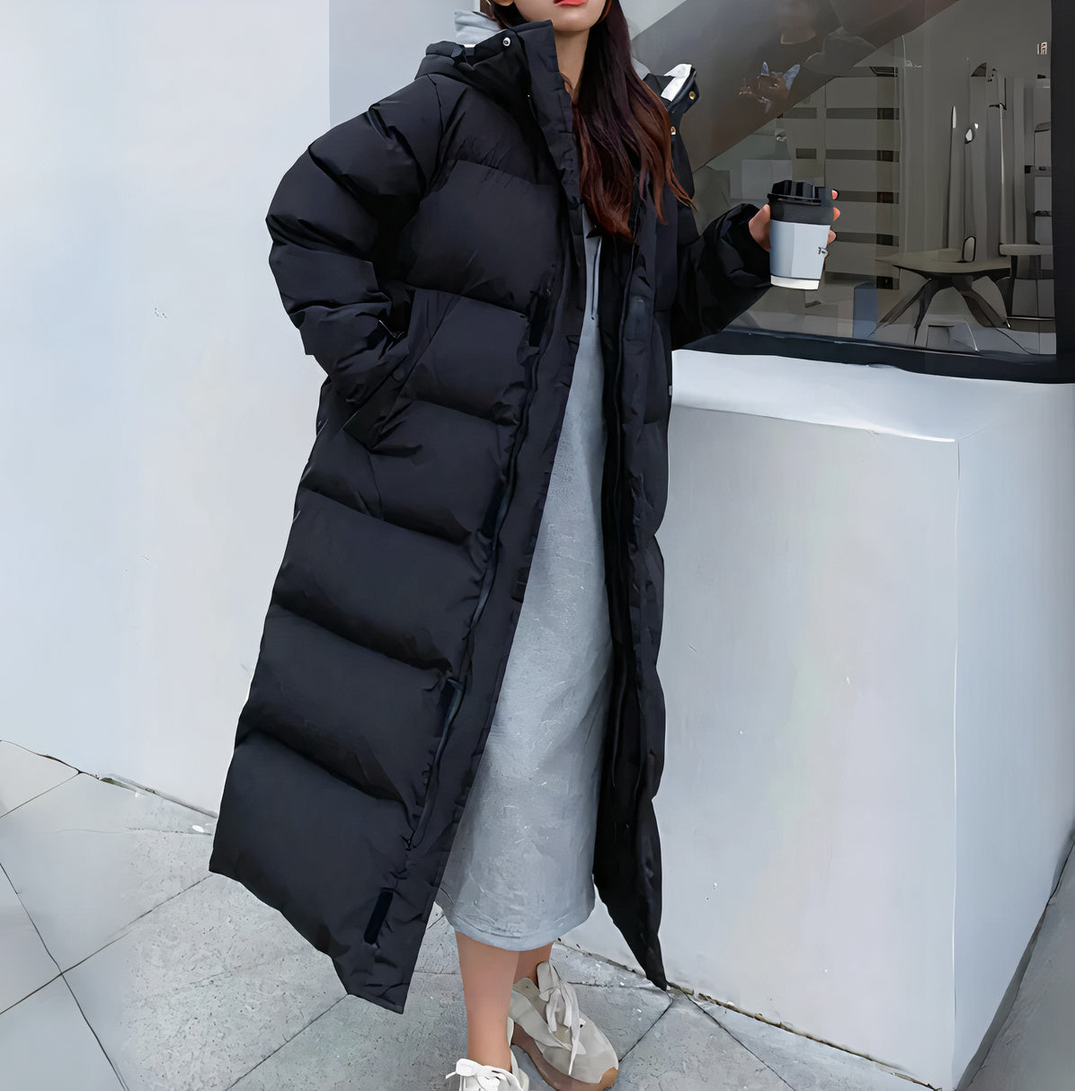 Donna - Cappotto lungo imbottito con cappuccio - Caldo e alla moda