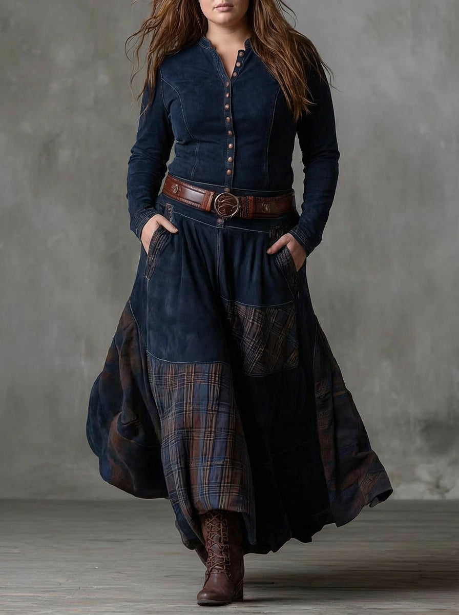 Abito Lungo Donna Vintage Scamosciato a Quadri con Cintura