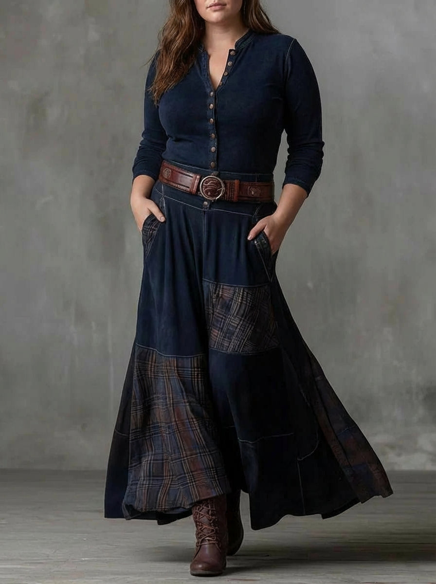 Abito Lungo Donna Vintage Scamosciato a Quadri con Cintura