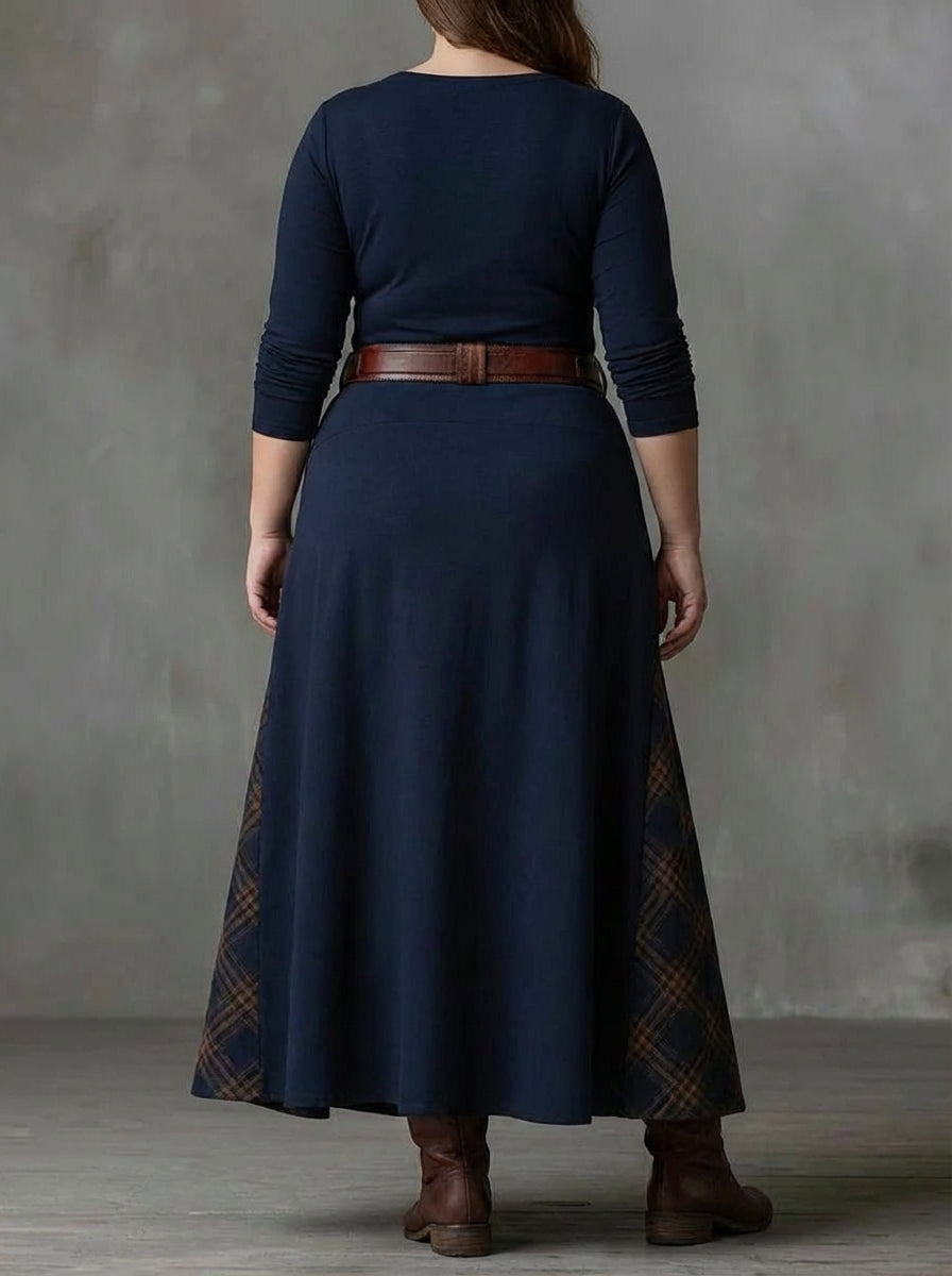 Abito Lungo Donna Vintage Scamosciato a Quadri con Cintura