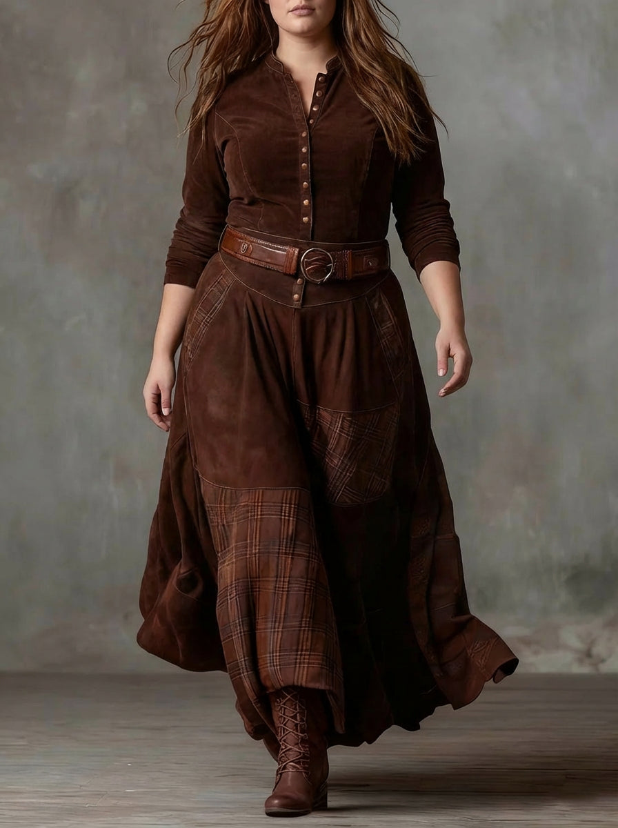 Abito Lungo Donna Vintage Scamosciato a Quadri con Cintura