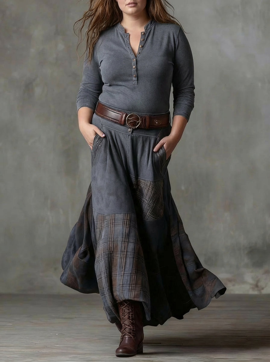 Abito Lungo Donna Vintage Scamosciato a Quadri con Cintura