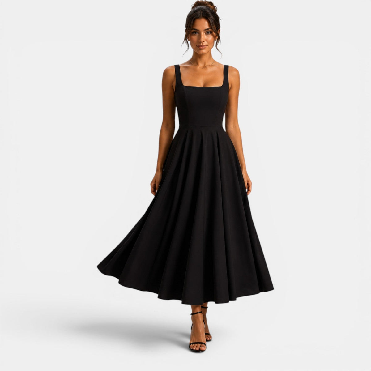 Abito Cerimonia Donna Midi a Spalline con Gonna Svasata
